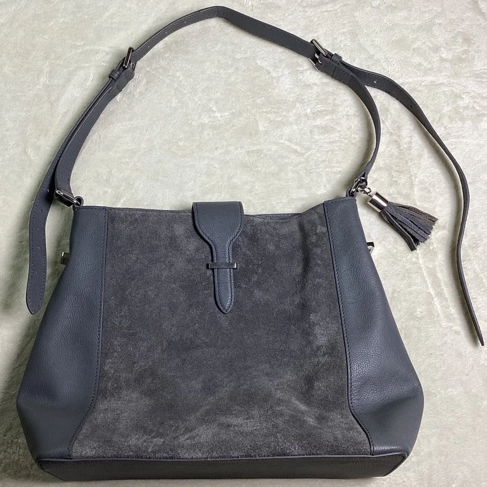 Talbots Grey Leather Suede Shoulder Bag Tassel Shoulder Hobo Charcoal VN5312
